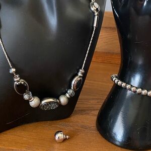 NYC Long Silver and Black Necklace Set, earrings & bracelet